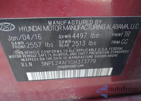 2016 Hyundai Sonata Se from USA, damaged, VIN 5NPE24AF1GH373779
